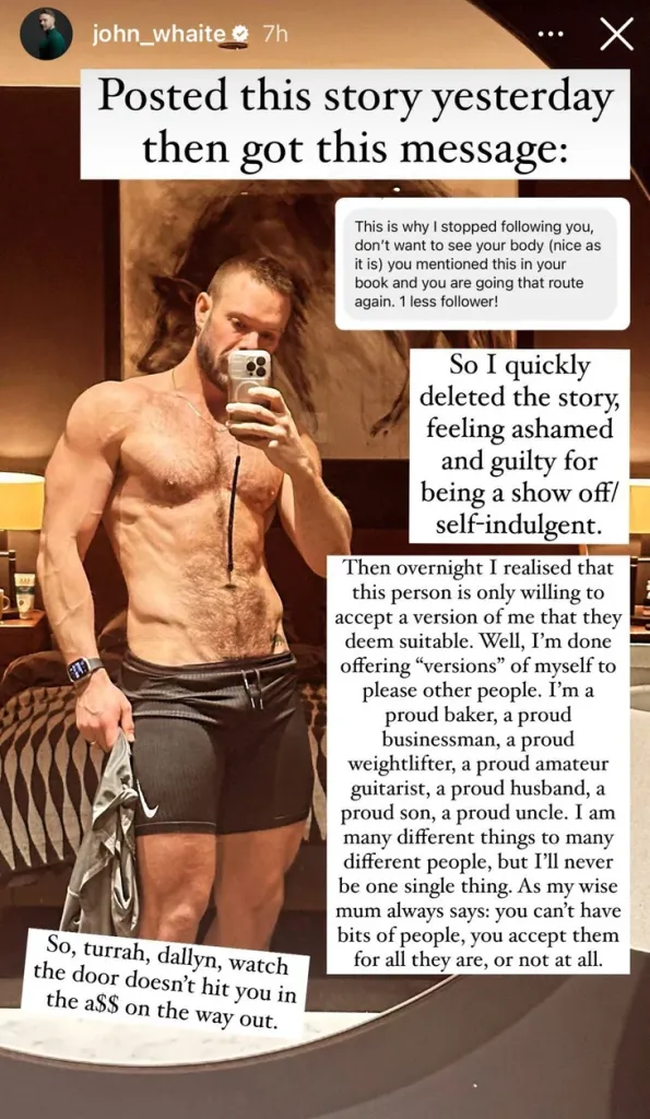 John Whaite recibió una queja de un fan luego de publicar una foto de gimnasio en topless en Instagram.