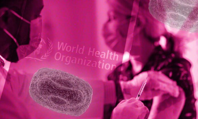 A picture composite shows a doctor holding a syringe and about to inject a patient - both people are wearing masks and in the foreground of the image you can see a graphic of some disease. The whole image is shaded in dark pink and you can see the World Health Organization logo in the background